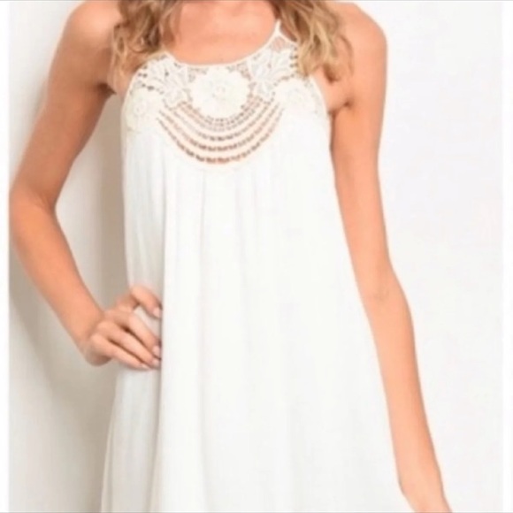 White and tan crocheted neck and strappy back dress Small S - Picture 2 of 7